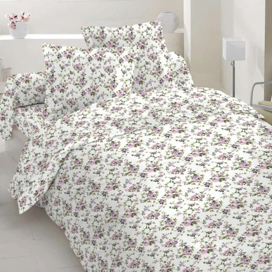 Бязь набивная белая, сиреневые розочки ш.220