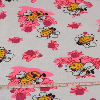 Ситец детский белый, пчелки на розовых цветах, ш.95