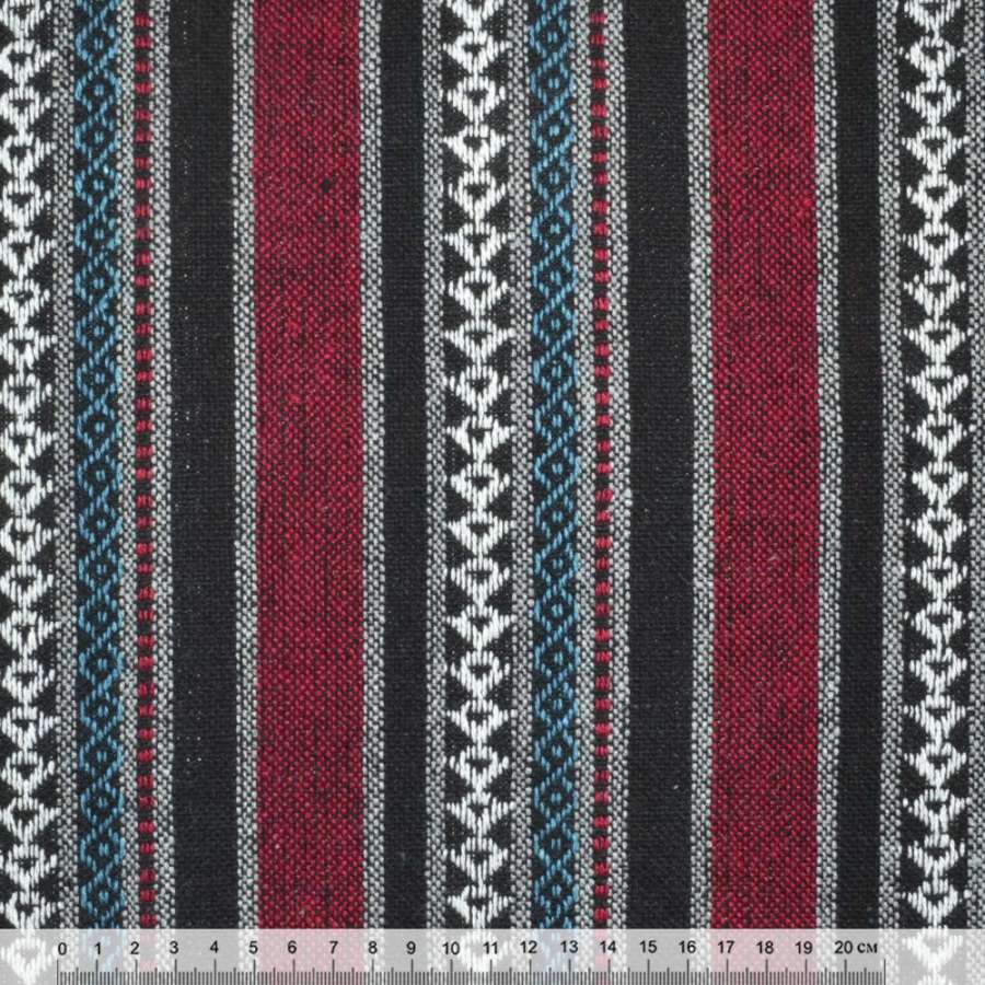 Ткань этно черно-красные, серые полосы с орнаментом ш.150