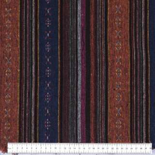 Ткань этно терракотово-синие, коричнево-малиновые полоски с орнаментом ш.146