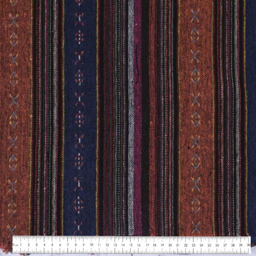 Ткань этно терракотово-синие, коричнево-малиновые полоски с орнаментом ш.146