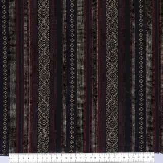 Ткань этно бордовые, бежевые полоски, бежевый орнамент ш.150