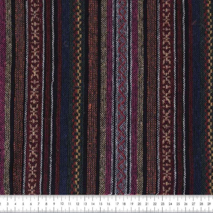 Ткань этно бордовые, зеленые, серые полоски, красный орнамент, ш.150