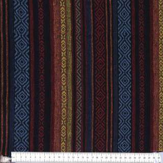 Ткань этно красный, голубой орнамент, оранжевые, желтые полоски, ш.150