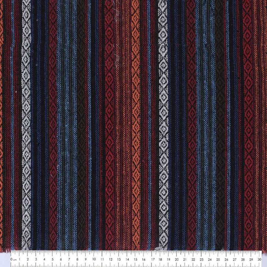 Ткань этно оранжевый, красный, белый орнамент, цветные полоски ш.150