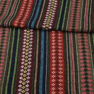 Ткань этно красные, оливковые, бордовые полоски с орнаментом, ш.150