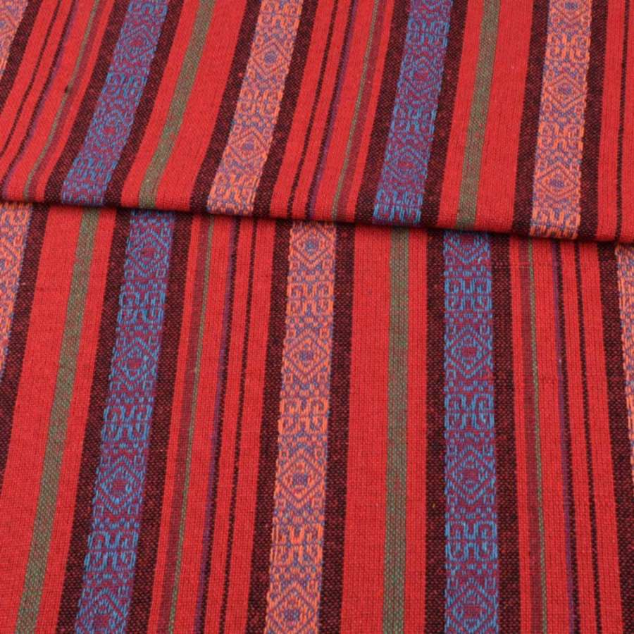 Ткань этно красные, черные, синие полоски с орнаментом, ш.146