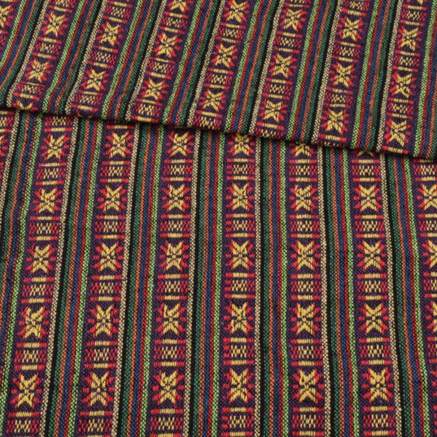 Ткань этно зеленые, фиолетовые полоски с орнаментом, ш.145