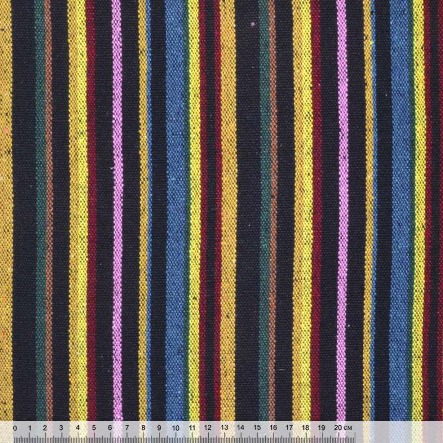 Тканина етно жовто-сині, рожево-чорні смужки ш.150