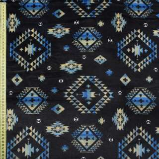 Велсофт двухсторонний орнамент бежево-голубой, синий темный, ш.185