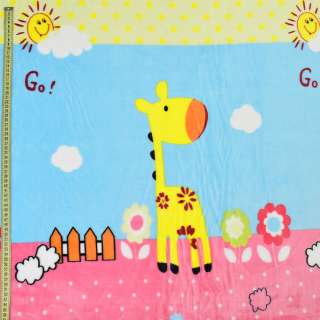 Велсофт двухсторонний жирафы, цветы, облака, розовая кайма, голубой, ш.220