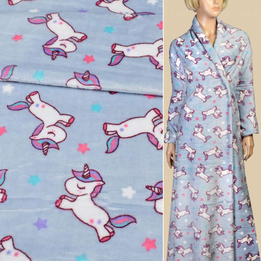 Велсофт двухсторонний единороги белые, серо-голубой, ш.180