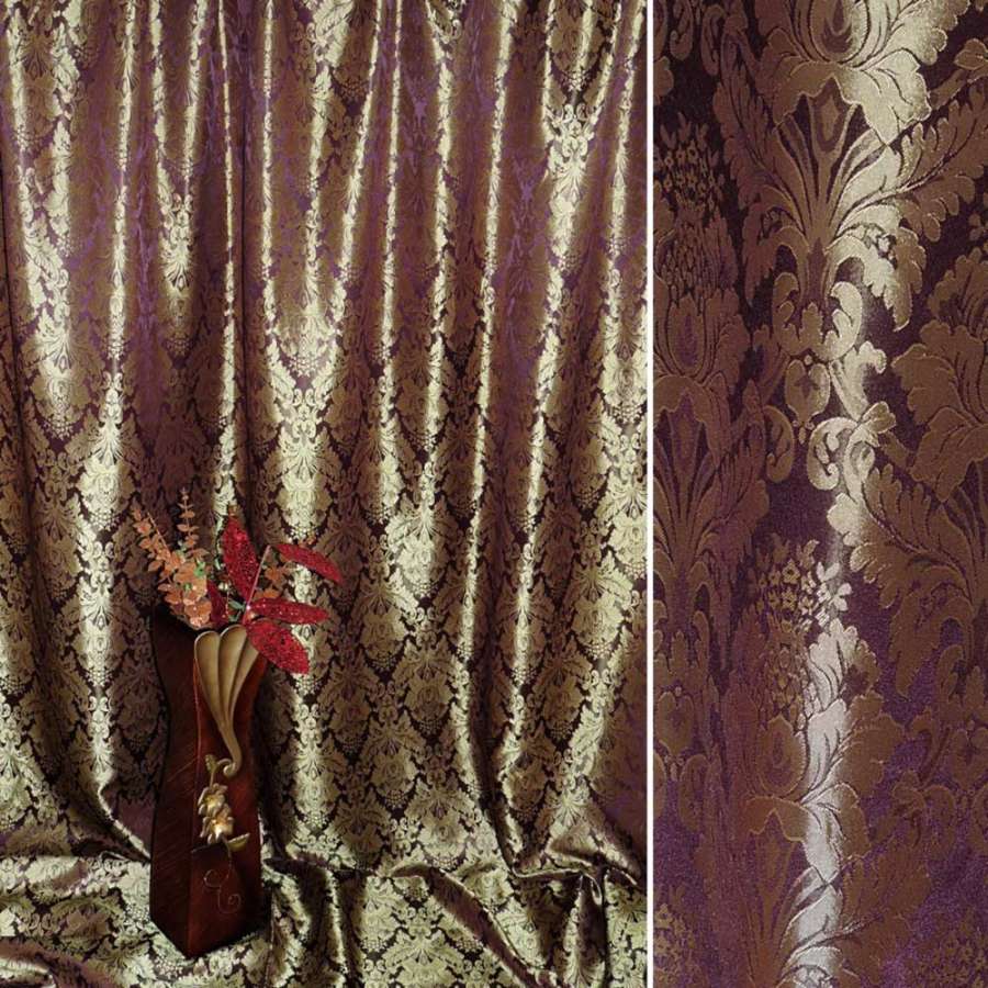 Жакард двохсторонній листя квітка бордовий темний, ш.280