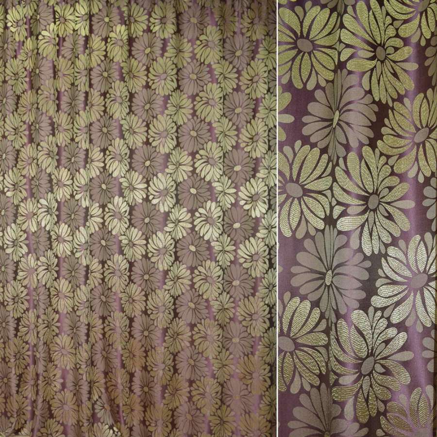 Жакард двохсторонній ромашки золотисті на бузковому тлі, ш.280