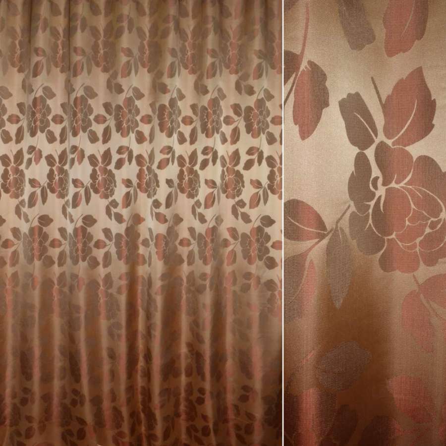 Жакард двохсторонній троянда велика бордова на бежево-золотистому тлі, ш.280