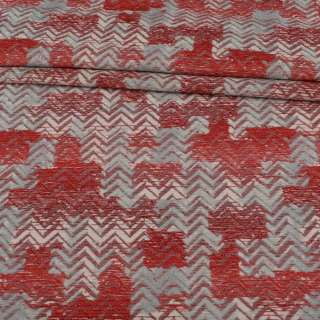 Шенилл жаккард мебельный зигзаг красно-серый на молочном фоне, ш.136