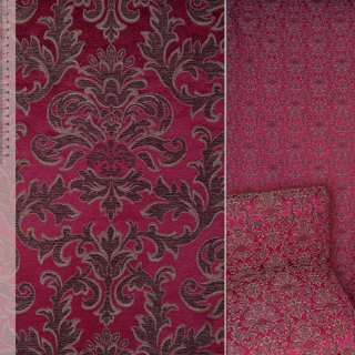 Шенилл жаккард мебельный вензель коричневый на малиновом фоне, ш.150