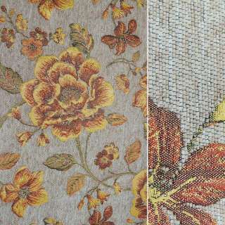 Шенилл жаккард мебельный цветы золотисто-красные на песочном фоне, ш.150