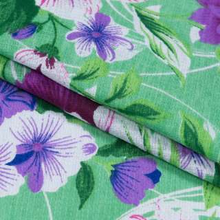 Ткань полотенечная вафельная набивная зеленая, фиолетовые цветы, ш.40