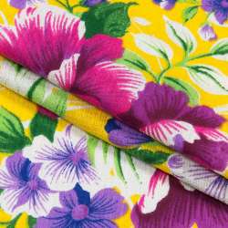 Ткань полотенечная вафельная набивная желтая, фиолетовые цветы, ш.40