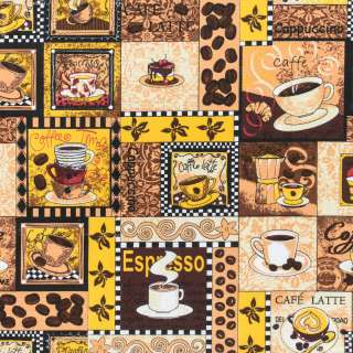 Ткань полотенечная вафельная набивная желто-коричневая, кофе, ш.150