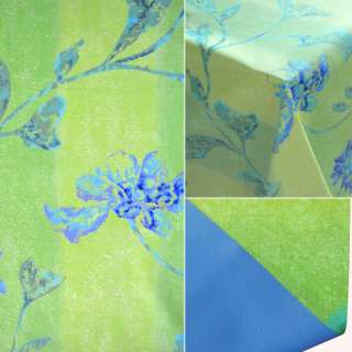 Ткань ПВХ цветы сине голубые на салатовом фоне, ш.140