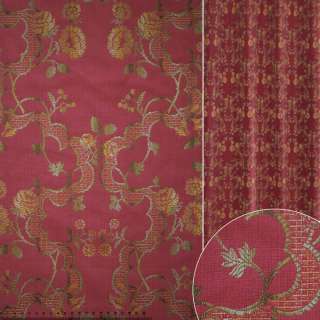 Жаккард мебельный цветочный узор золотисто-зеленый на вишневом фоне, ш.141