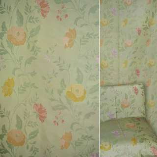 Жаккард мебельный цветы желтые, красные, фиолетовые на салатовом фоне, ш.140