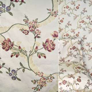Жаккард мебельный цветочный узор зелено-бордовый на кремовом фоне, ш.140
