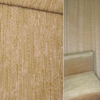 Велюр хлопковый мебельный со штампом штрихи золотистые на бежевом фоне, ш.140