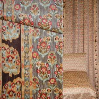 Велюр хлопковый мебельный рапорт цветок мелкий на коричнево-сером фоне, ш.143