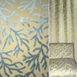 Велюр жаккард мебельный коралл серо-зеленый на песочном фоне, ш.140