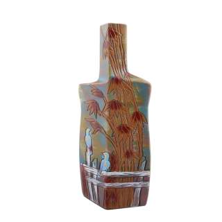 Ваза керамика бутылка граненая бамбук птицы 31х14х8 см голубая с коричневым