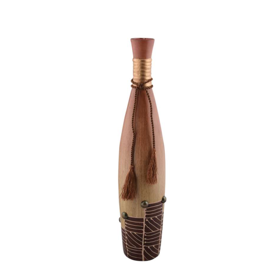 Ваза напольная керамика этно бутылка с кисточками 50 см бежевая с коричневой отделкой