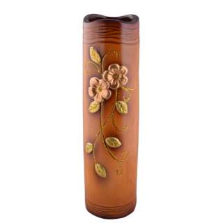 Ваза напольная керамика с золотистым цветком волнистым верхом бочонок 50 см коричнево-рыжая