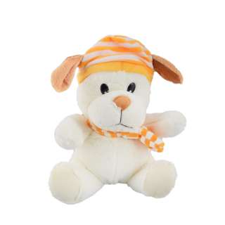 Мягкая игрушка собачка в полосатой желтой шапке с шарфиком 25 см молочная