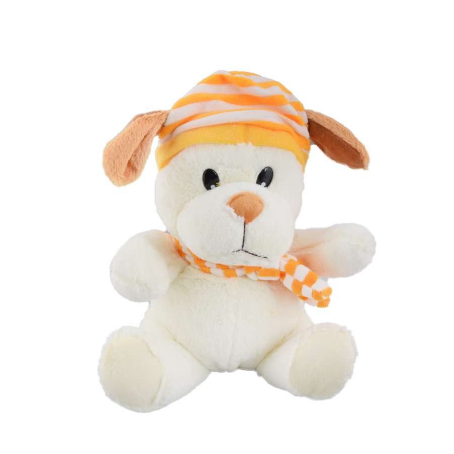 Мягкая игрушка собачка в полосатой желтой шапке с шарфиком 25 см молочная