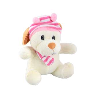 Мягкая игрушка собачка в полосатой розовой шапке с шарфиком 25 см молочная
