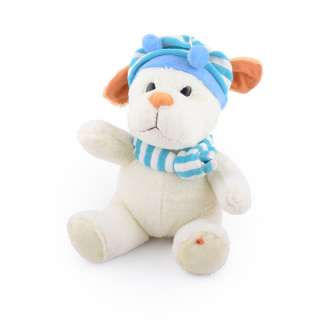 Мягкая игрушка собачка в полосатой голубой шапке с шарфиком 25 см молочная