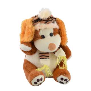 Мягкая игрушка собачка в шапке с шарфиком 30 см коричневая с белой мордочкой
