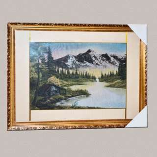 Картина гобелен под стеклом 58х78см (гобелен 36х54) домик на берегу озера в горах