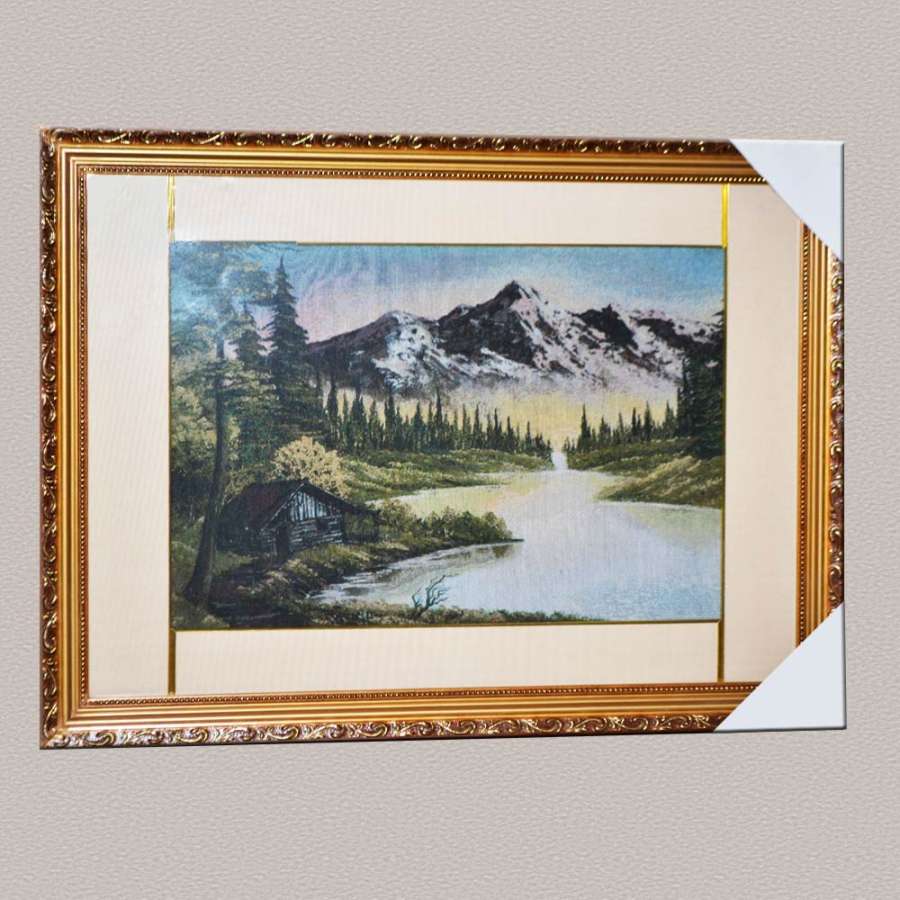 Картина гобелен под стеклом 58х78см (гобелен 36х54) домик на берегу озера в горах