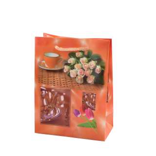 Пакет подарочный 16х12х6 см с чашкой и розами оранжевый