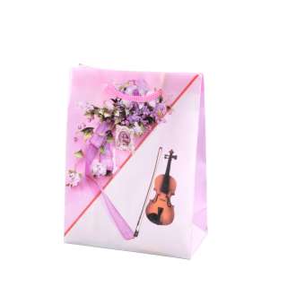 Пакет подарочный 16х12х6 см с букетом и скрипкой розовый