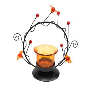 Подсвечник на 1 свечу стакан оранжевый с цветами в круге 15,5 см металл черный