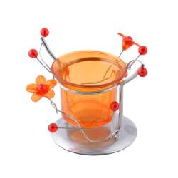 Подсвечник на 1 свечу стакан оранжевый с цветами с цветами 8х10х9 см металл серебристый