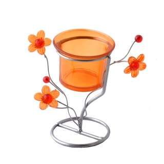 Подсвечник на 1 свечу стакан оранжевый на ножке с цветами 11х12х7 см металл серебристый