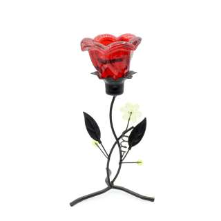 Подсвечник на 1 свечу колокольчик красный  на ножке с листьями 20х9х9 см металл черный