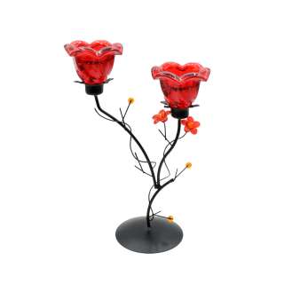 Подсвечник колокольчик красный с цветами на 2 свечи 25х17х9 см металл черный