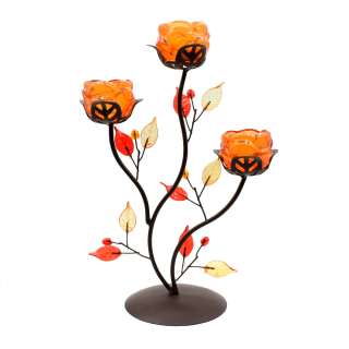 Подсвечник роза оранжевая с листьями на 3 свечи 30х21х11 см металл коричневый
